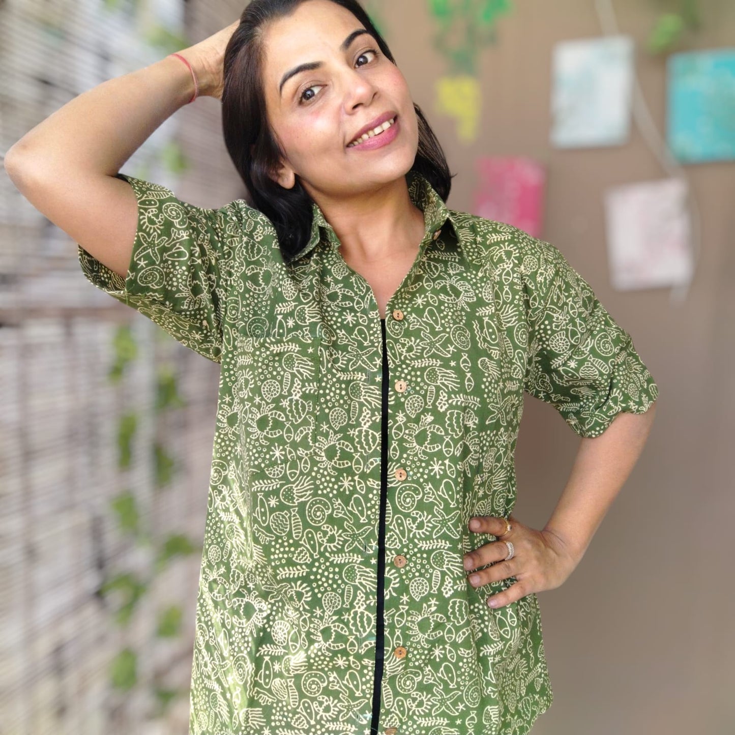 Handblock shirt green motifs