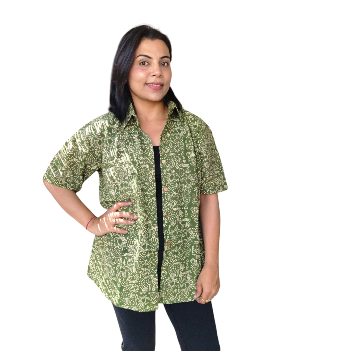 Handblock shirt green motifs
