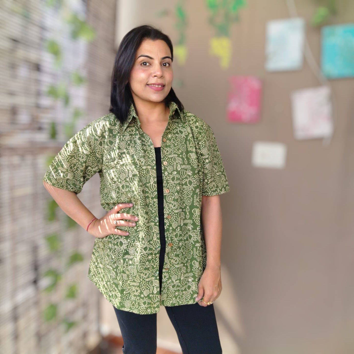 Handblock shirt green motifs