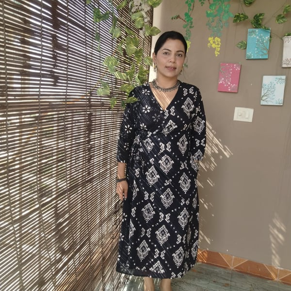 Black floral and ikkat wrap dress