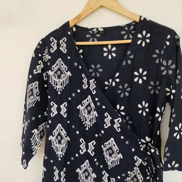 Black floral and ikkat wrap dress
