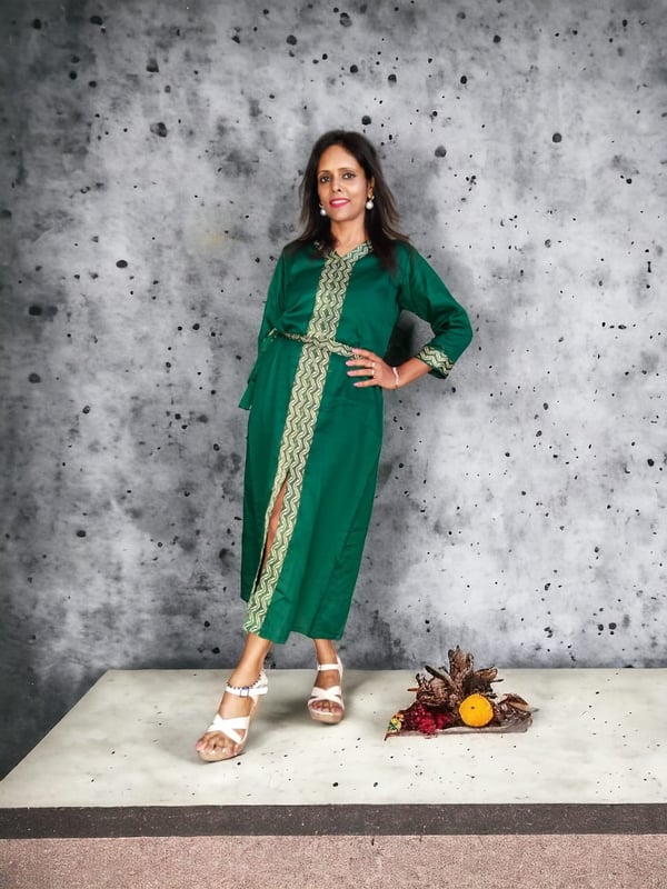 Cotton silk dress with mushru silk details and belt