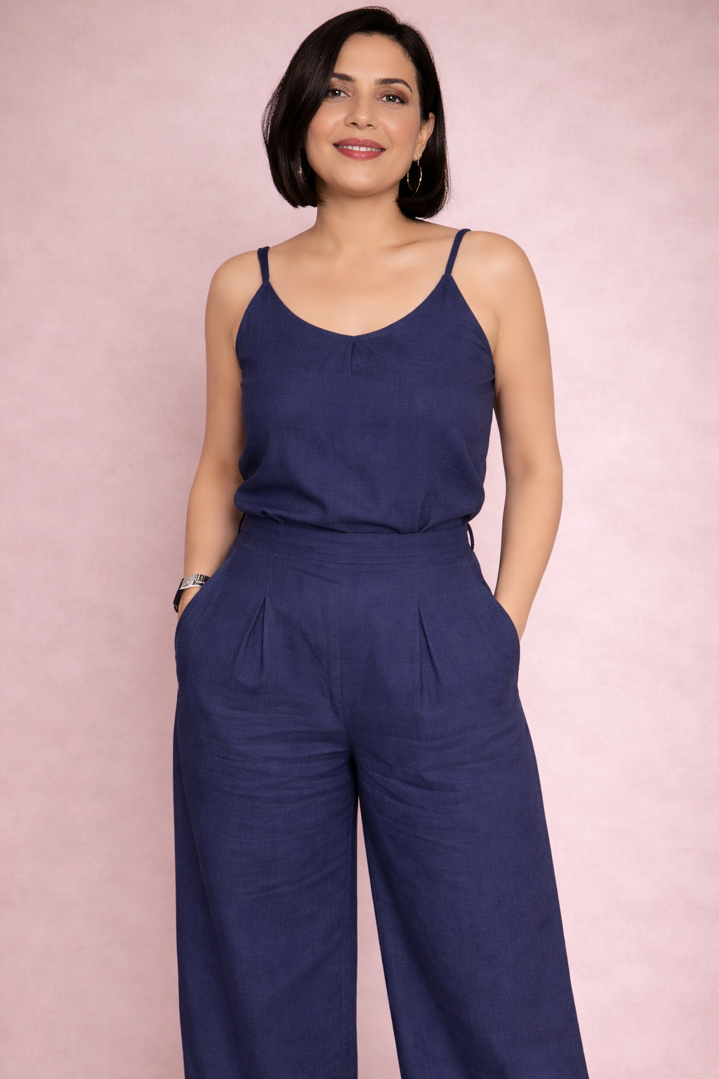 Cotton linen straight pleated pants