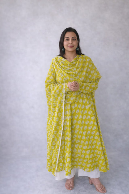 Print story yellow Dabu anarkali