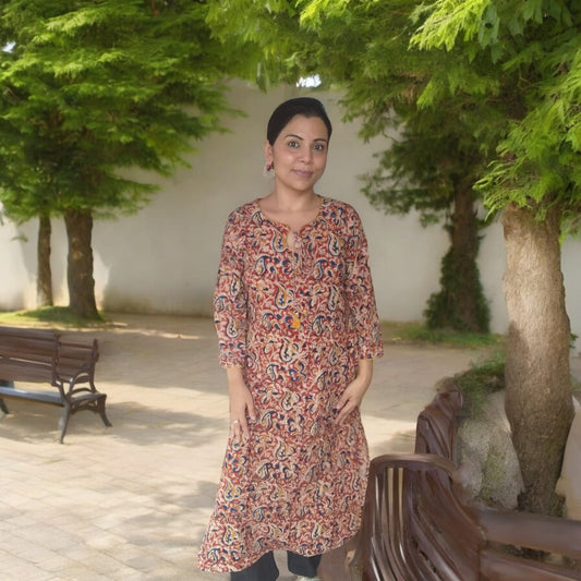 Kalamkari straight kurti with pockets(Red)