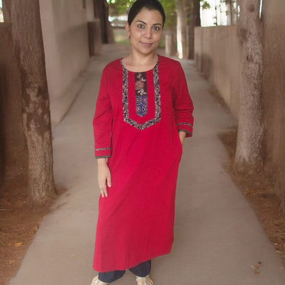 South cotton kurta with ajrak details( Red)