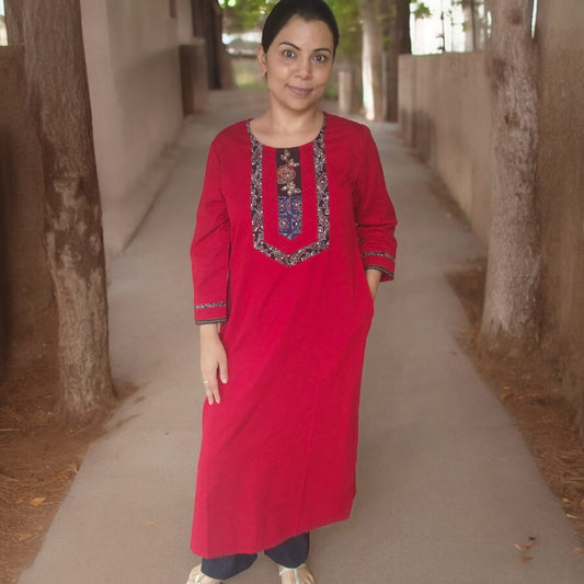South cotton kurta with ajrak details( Red)