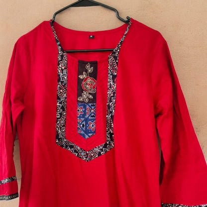 South cotton kurta with ajrak details( Red)
