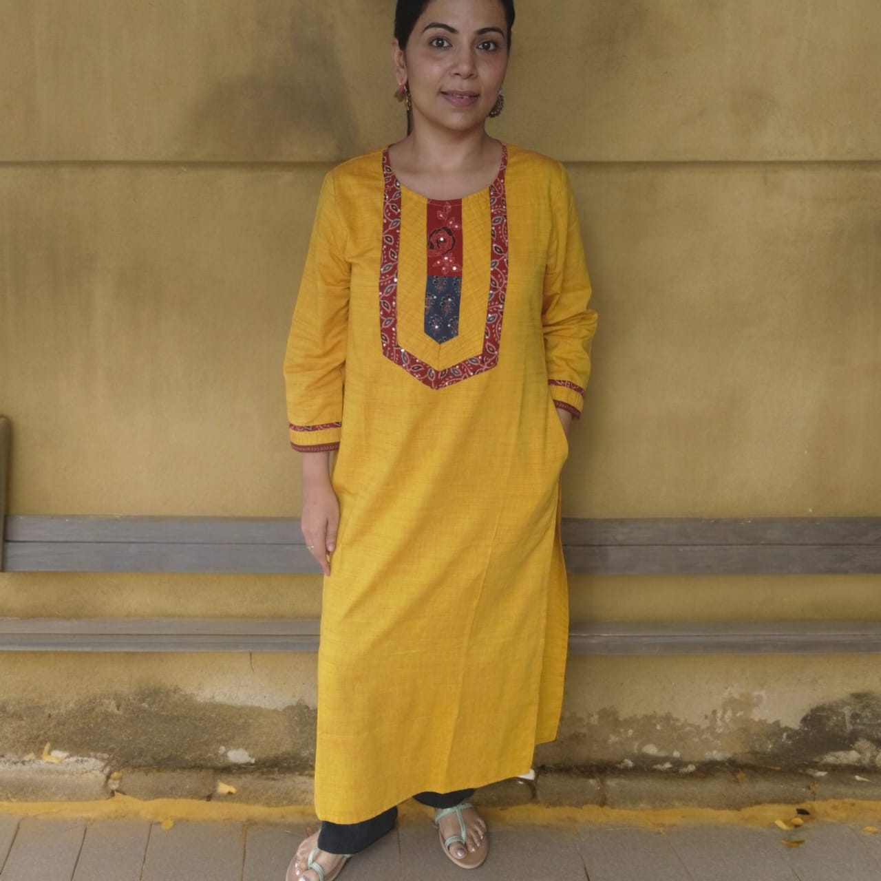 Cotton suit with ajrak details (yellow)