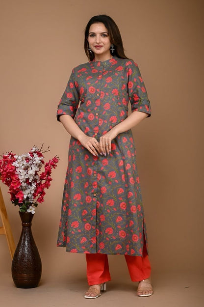 Cotton kurta set (Grey and Pink)